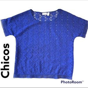 Chico’s women blue crochet top short sleeve medallion pattern see thru Sz Small